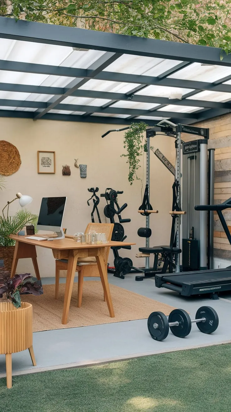 A garden sanctuary blends work and fitness, featuring a functional desk alongside a complete workout space.