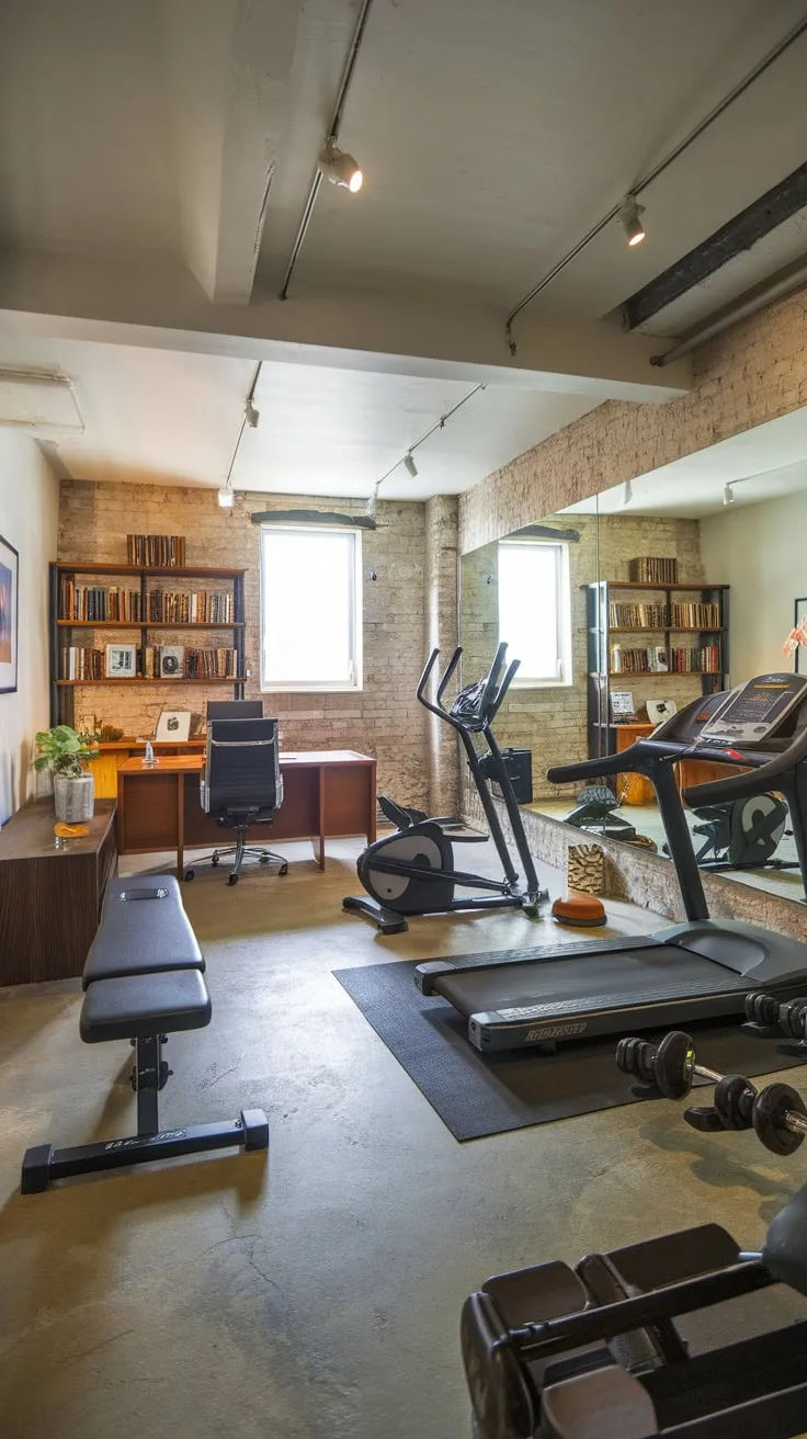 Transform your basement into a sleek home gym and office haven, complete with workout equipment and a productive workspace.