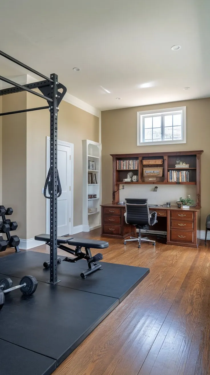 A hardwood-floored room combines a fully equipped home gym and a comfortable office space, perfect for efficient work and effective workouts.