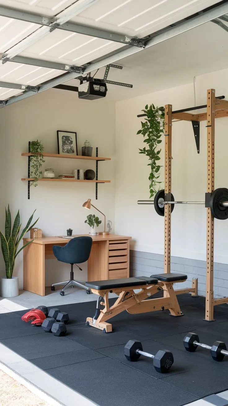A garage transformed into a sleek white space seamlessly blending a fully equipped wooden home gym with a functional office.