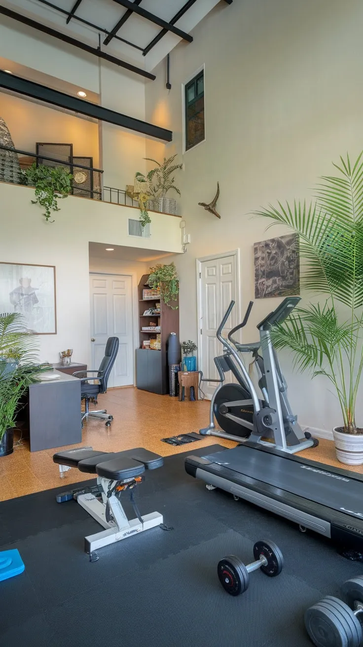 A high-ceilinged room seamlessly blends fitness and work, offering a treadmill, weights, a desk, and plants in one inspiring space.