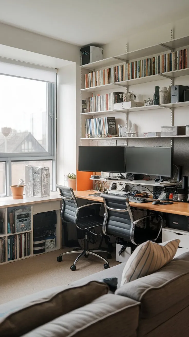 Transform a corner of your living room into a haven of productivity with this inspiring home office living room setup.  This small space home office boasts a dual monitor desk setup perfectly positioned by a window, offering ample natural light.  These office ideas for small spaces demonstrate how to create office space in living room without sacrificing style or comfort.  The compact home office design is ideal for those considering bedroom office ideas, showcasing that even a small office with window can be incredibly functional and aesthetically pleasing.