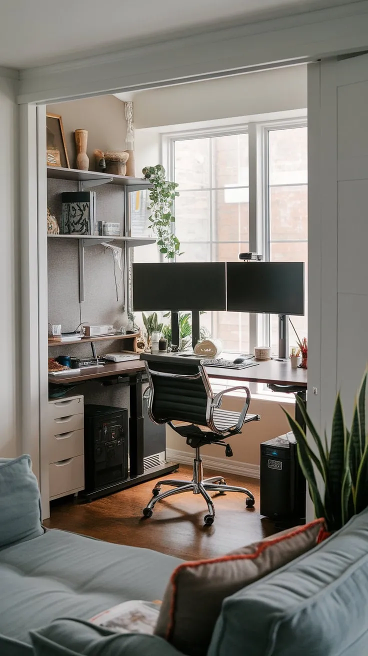 Transforming a closet into a functional and inspiring small space home office?  This office in closet setup showcases how to create a productive workspace, even with limited square footage.  The small office with window provides natural light, complementing the dual monitor desk setup.  Perfect home office living room inspiration for those seeking office ideas for small spaces and compact home office solutions.