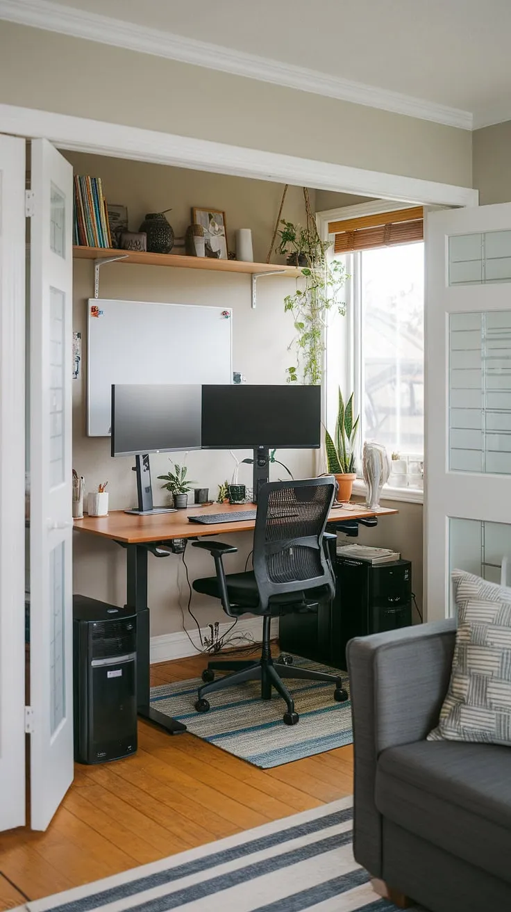 Transform your closet into a dream workspace! This small office with window boasts a dual monitor desk setup, proving that a home office living room setup can be both functional and aesthetically pleasing.  Perfect for those seeking office ideas for small spaces or bedroom office ideas, this compact home office showcases how creating office space in living room can be surprisingly simple. The home office design is a masterclass in maximizing space, resulting in a bright and productive small space home office – all within the confines of an office in closet.