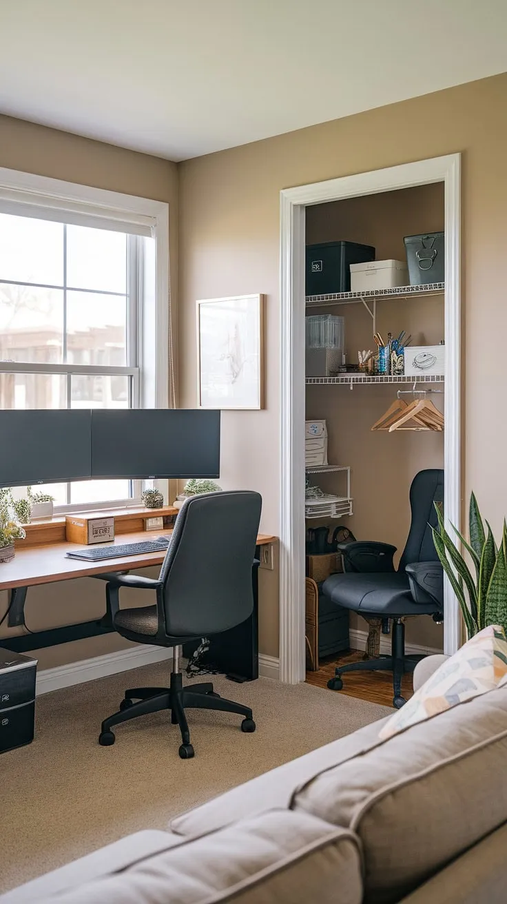 Transform a small space into a highly functional and stylish home office living room. This small office with window features a dual monitor desk setup, perfect for those needing extra screen real estate.  Brilliant office ideas for small spaces are on display, including a cleverly utilized closet for office supplies.  This compact home office design is ideal for bedroom office ideas or creating office space in living room without sacrificing style or comfort.