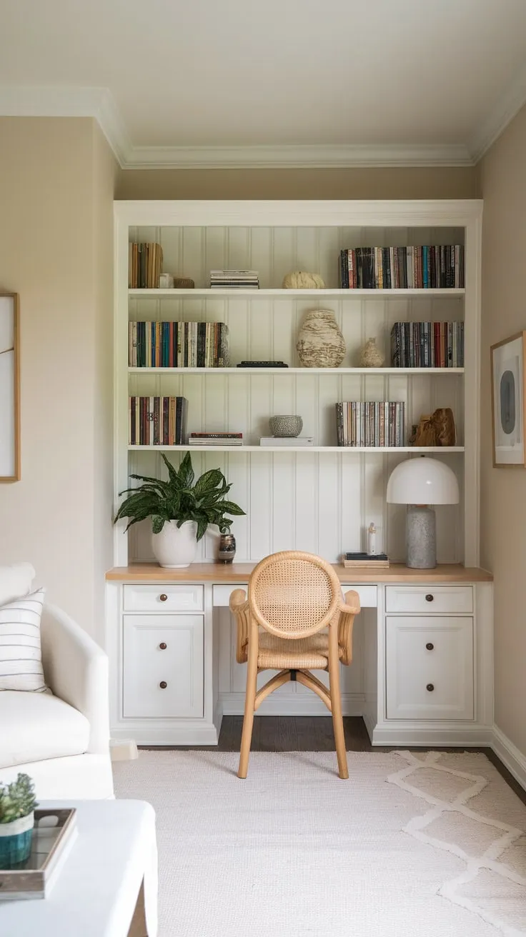 A minimalist home office tucked into a beige living room corner features a white desk, natural wood chair, and bookshelf, creating a serene workspace.