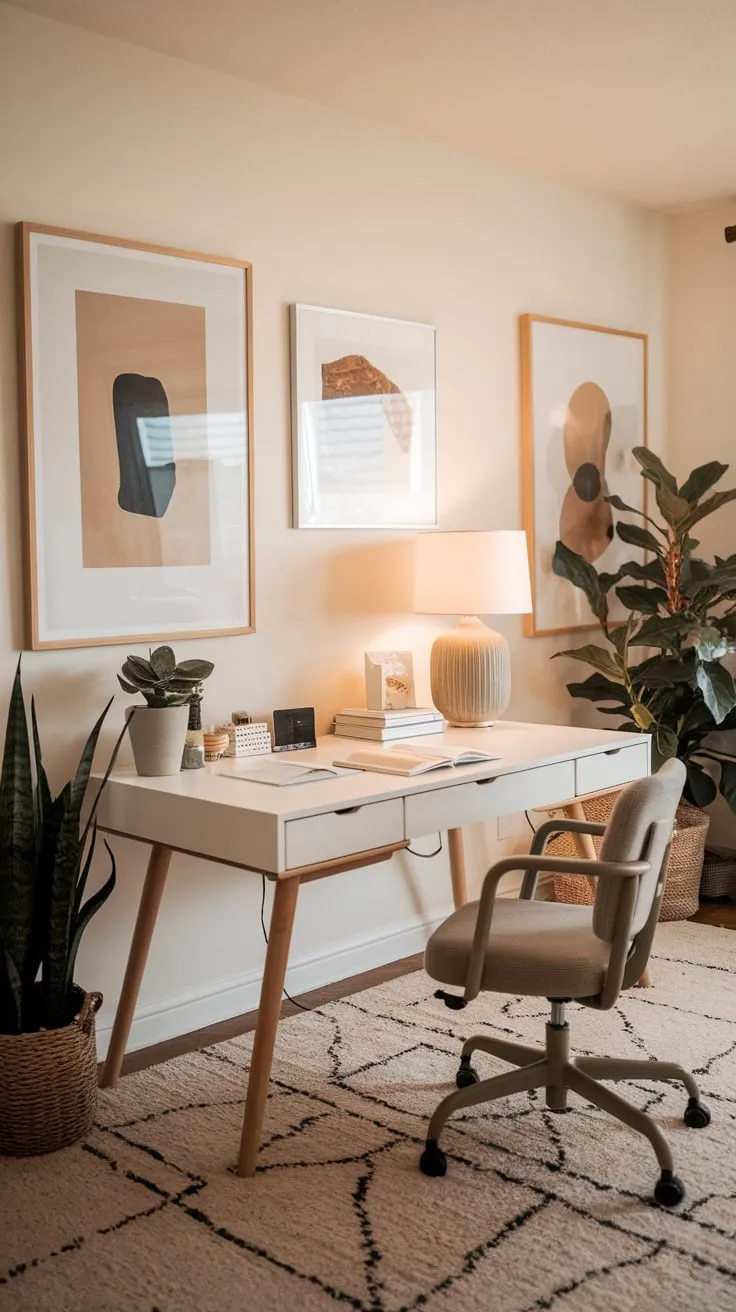 A minimalist living room seamlessly blends comfort and productivity with a natural wood desk, cozy chair, and warm lighting, creating the perfect home office.