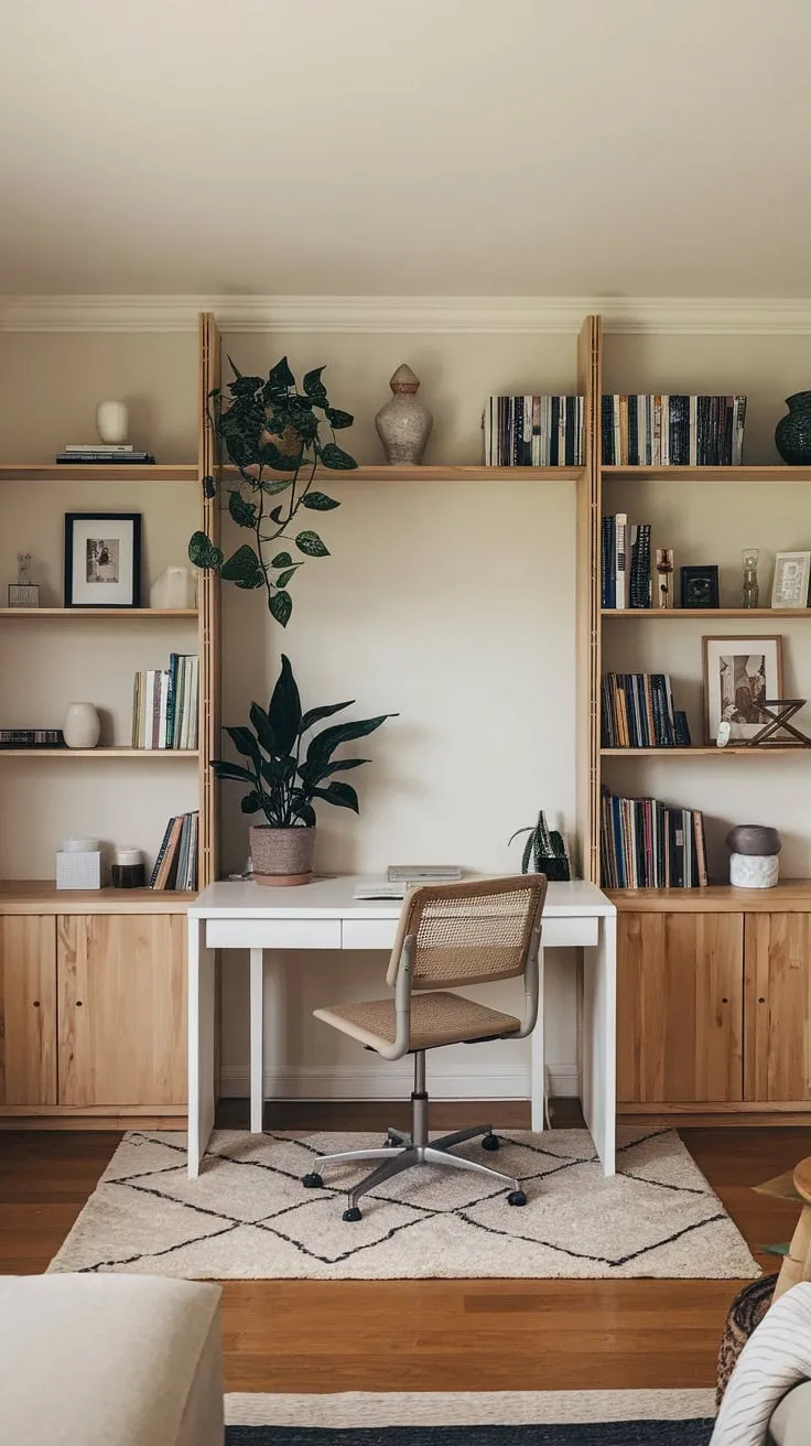A minimalist home office seamlessly blends into the living room with a white desk, natural wood shelving, and subtle décor, creating a calm and productive workspace.