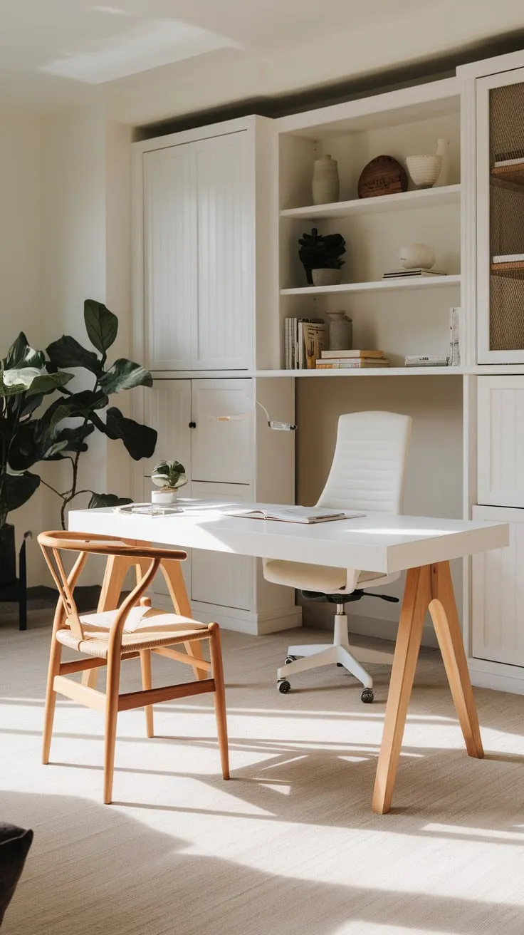 Natural light floods a minimalist living room, where a stylish white home office with wooden details creates a serene workspace.