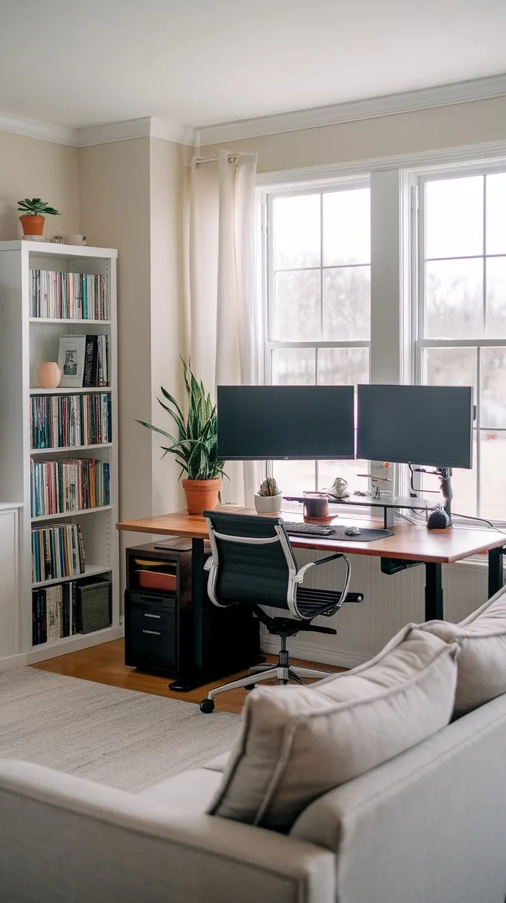 Transform a small space into a productive haven with this inspiring home office living room.  This small space home office features a dual monitor desk setup, maximizing workspace efficiency.  The strategic placement near a window provides ample natural light, making it an ideal example of office ideas for small spaces.  Perfect for those seeking bedroom office ideas or home office design inspiration, this compact home office demonstrates how creating office space in living room can be both stylish and functional.  A far cry from an office in closet, this setup proves that even limited square footage can accommodate a productive and inviting workspace.
