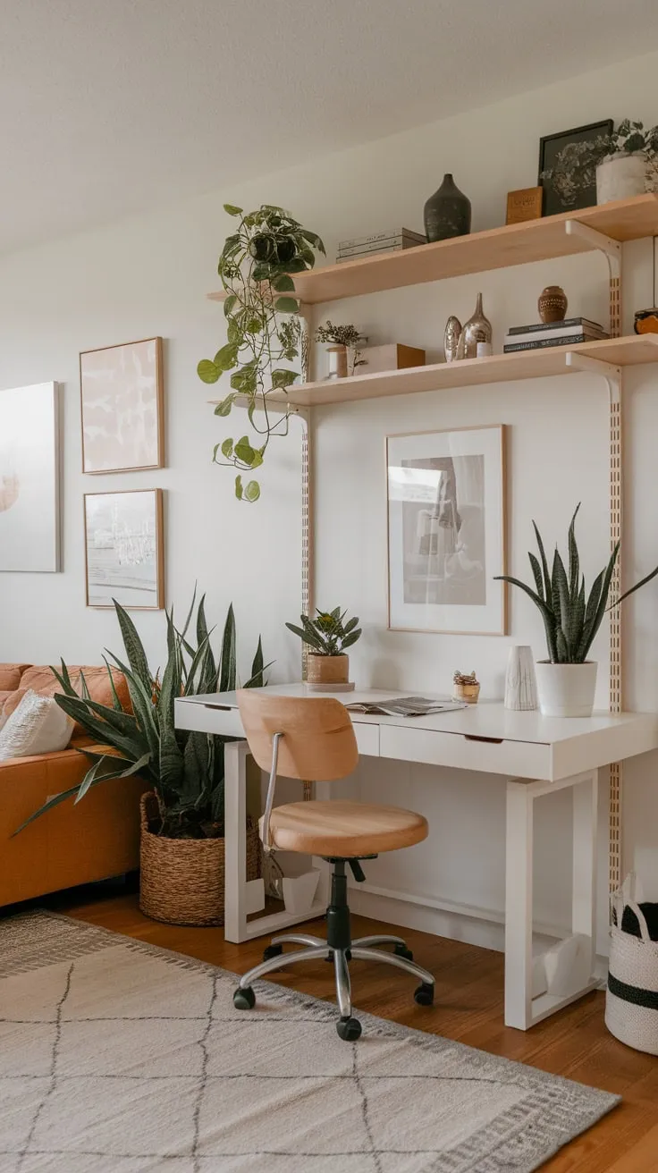 A stylish living room workspace features a white desk, wood accents, and pops of greenery creating a productive yet inviting atmosphere.