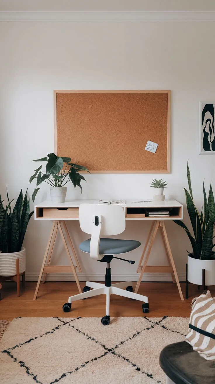 A minimalist home office seamlessly blends into the living room with a white desk, blue-accented chair, and pops of greenery against a beige rug and corkboard wall