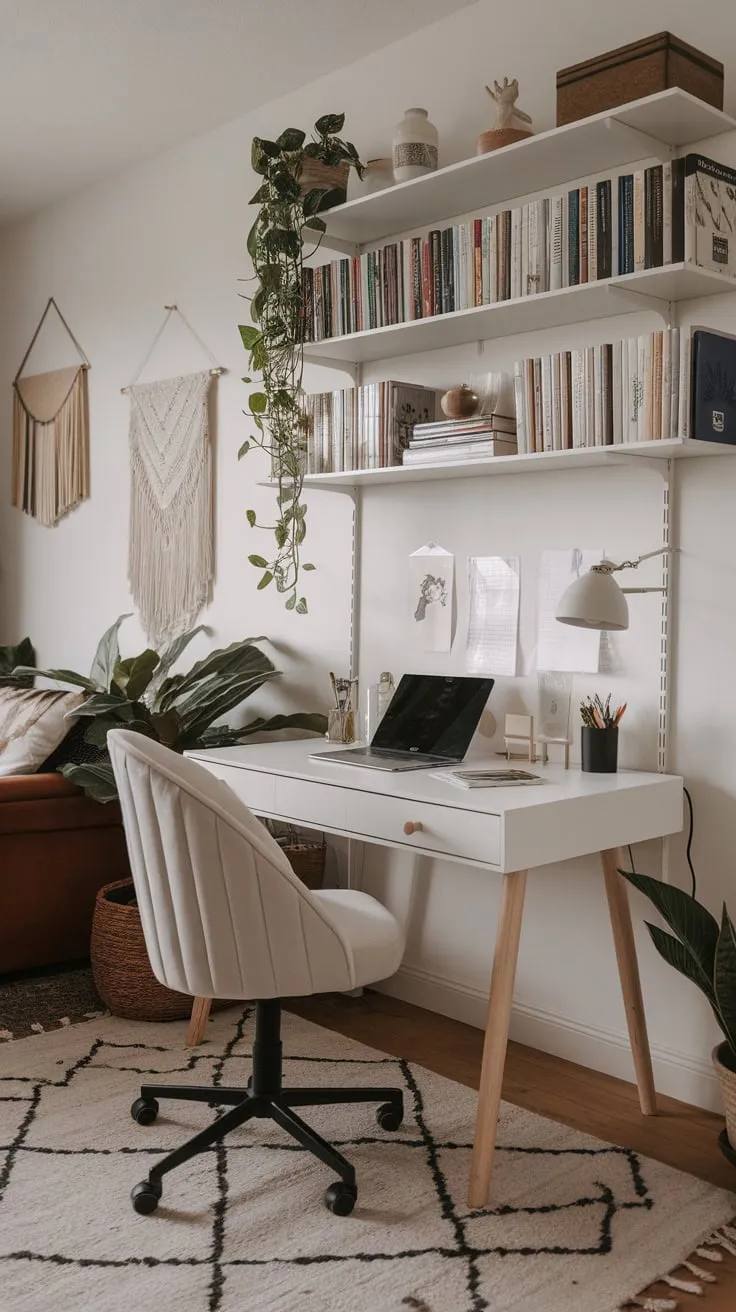 A minimalist home office seamlessly blends into the living room with a white desk, plush chair, and curated décor, creating an aesthetically pleasing workspace.