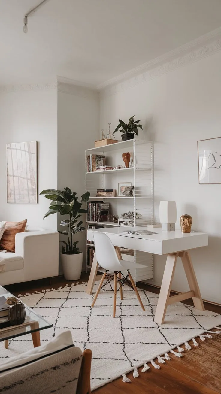A minimalist white living room seamlessly integrates a home office featuring a natural wood desk, simple chair, and potted plant, creating a serene workspace.