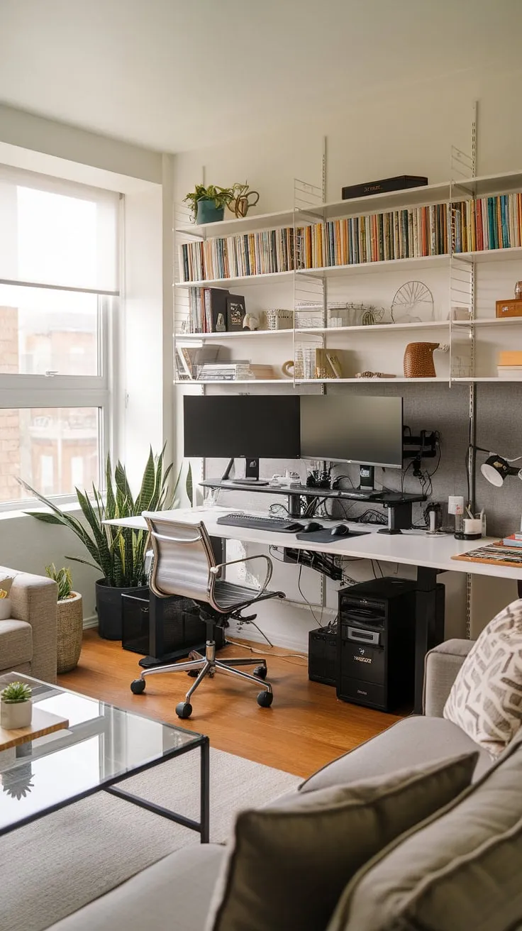Transform your living room into a haven of productivity with this inspiring home office living room setup.  This small space home office showcases how a dual monitor desk setup can seamlessly integrate into a compact space.  Office ideas for small spaces are brought to life with the strategic placement near a window, maximizing natural light.  Whether you're looking for bedroom office ideas or simply creating office space in living room, this design offers a functional and stylish solution.  This compact home office is proof that even an office in a closet can be outdone by smart home office design.