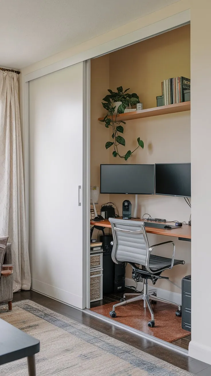 Transforming a closet into a functional and stylish home office living room?  This compact home office design proves that even small spaces can accommodate a dual monitor desk setup.  Perfect office ideas for small spaces, this small office with window offers a surprisingly productive workspace.  Great bedroom office ideas too! Creating office space in living room doesn't have to be complicated.  This office in closet is a testament to clever home office design and maximizing a small space home office.