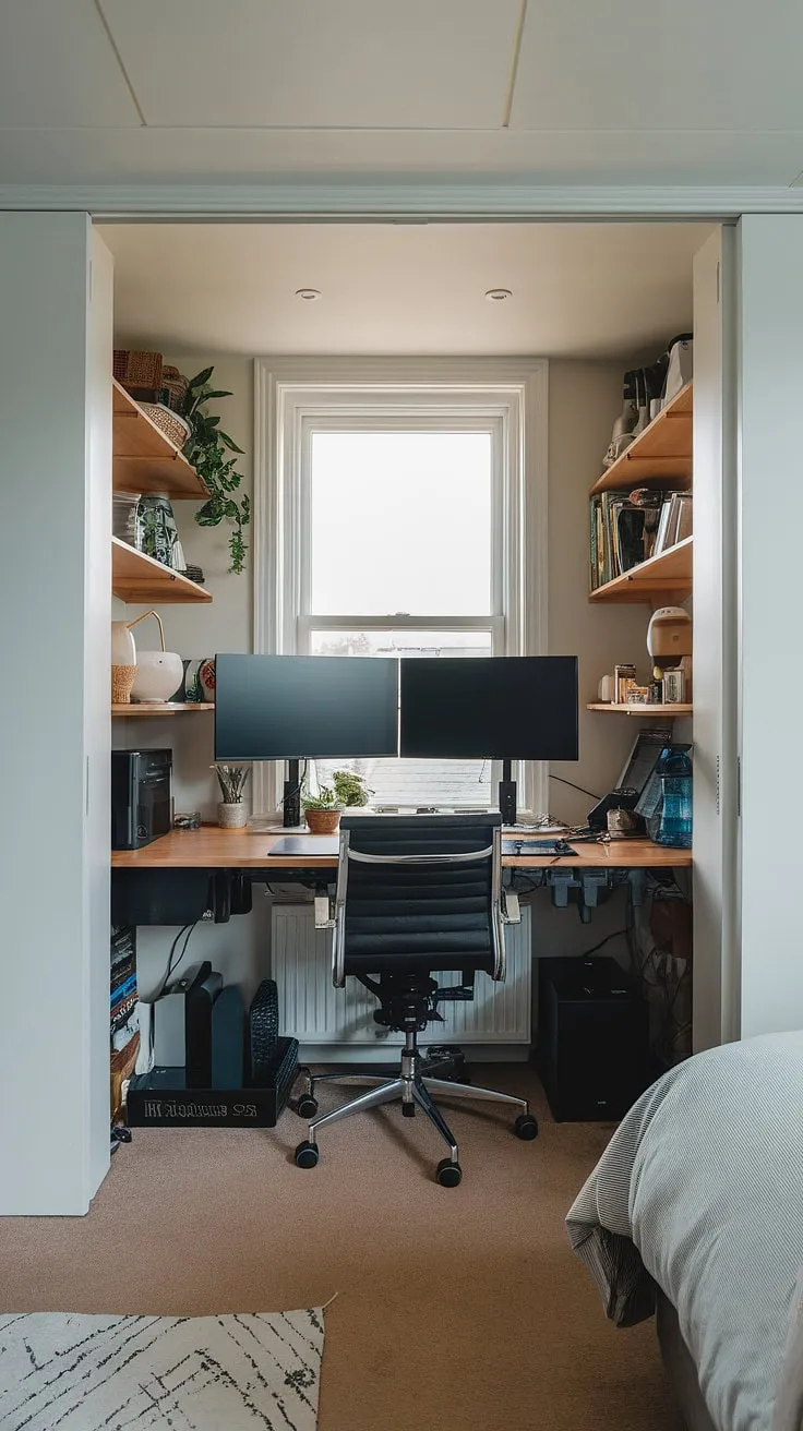 This small space home office proves that even an office in a closet can be stylish and functional.  The dual monitor desk setup and window make this compact home office a productive haven.  Brilliant office ideas for small spaces, ideal for creating office space in a living room or bedroom.  A perfect example of home office design in a limited area.
