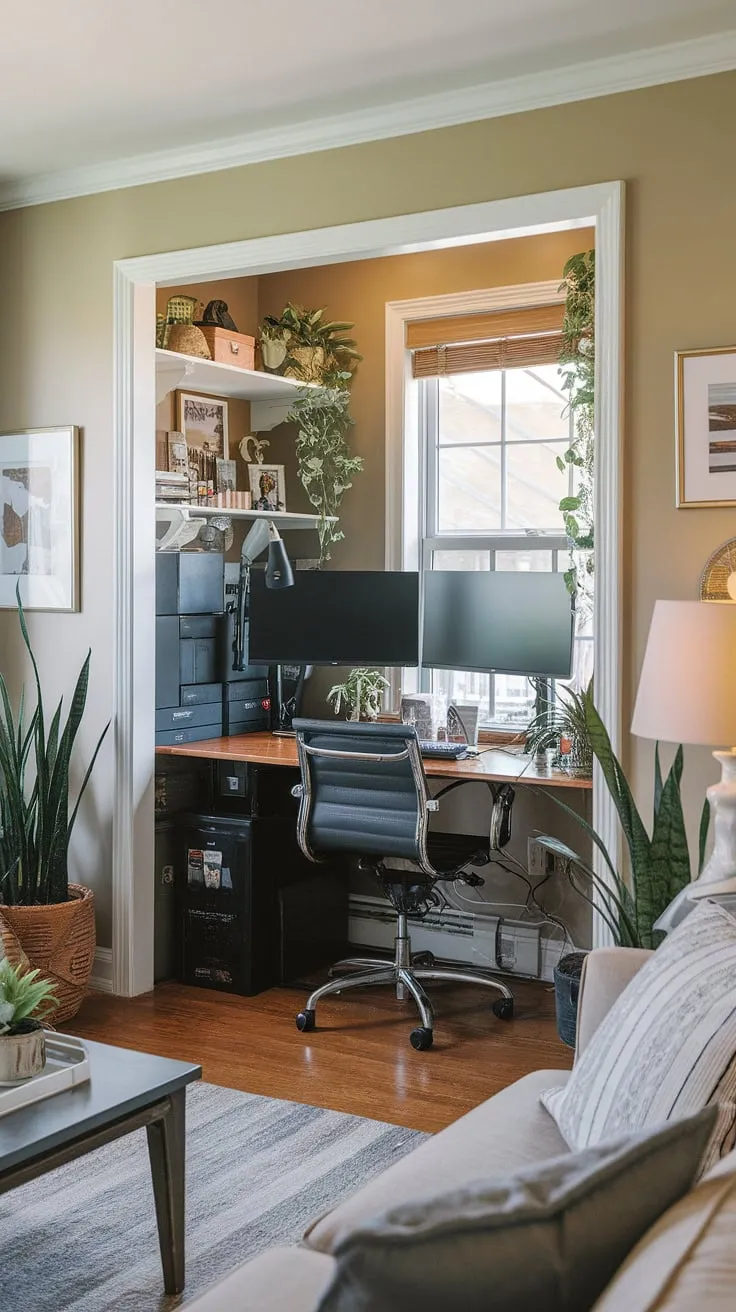 Maximize your productivity without sacrificing style! This compact home office, cleverly tucked into a closet with a window, proves that even small spaces can accommodate a dual monitor desk setup.  Perfect office ideas for small spaces, this home office living room design showcases how to create office space in living room, offering a blend of functionality and charm.  Consider this inspiration for bedroom office ideas or your own small space home office.