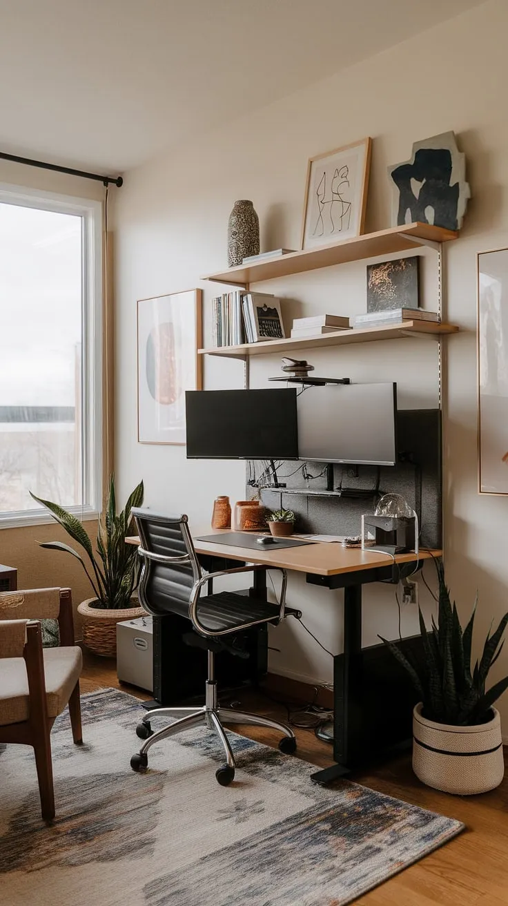 Maximize productivity and style in this compact home office living room.  Clever office ideas for small spaces shine through with this dual monitor desk setup, proving that even a small office with window can be a haven of efficiency.  Perfect bedroom office ideas or for creating office space in living room, this home office design demonstrates that a home office in a closet isn't the only solution for small space home office needs.