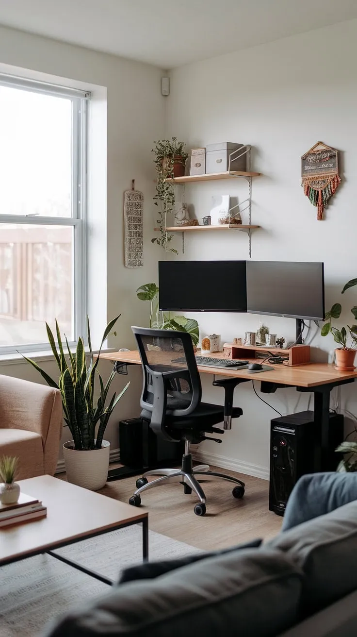 Maximize your productivity without sacrificing style! This compact home office, cleverly nestled in the living room, proves that even small spaces can accommodate a dual monitor desk setup.  Office ideas for small spaces don't get much better than this blend of functionality and comfort.  Creating office space in living room is easier than you think, as seen in this home office design.  Perfect for those seeking bedroom office ideas or a small office with window, this setup offers the best of both worlds.