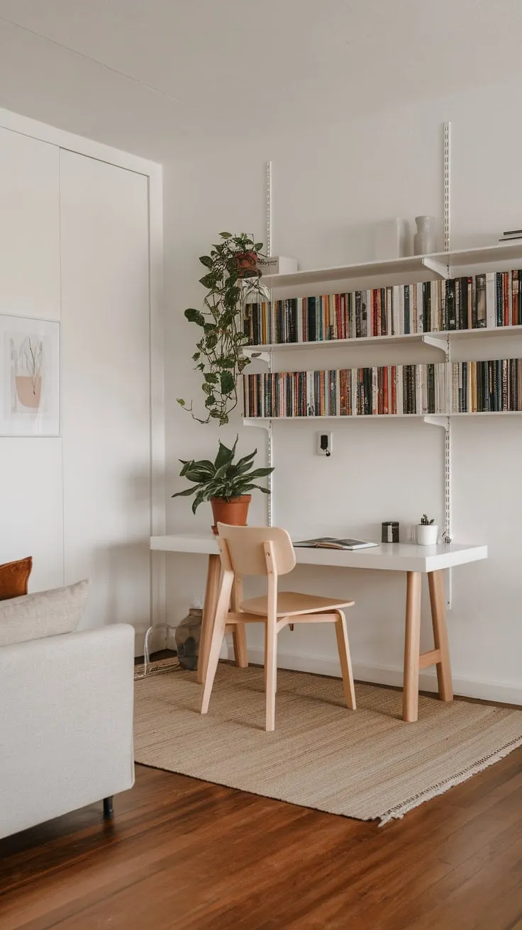 A minimalist white and wood living room seamlessly integrates a home office featuring a desk, chair, bookshelf, and plant, creating a calm and productive workspace.