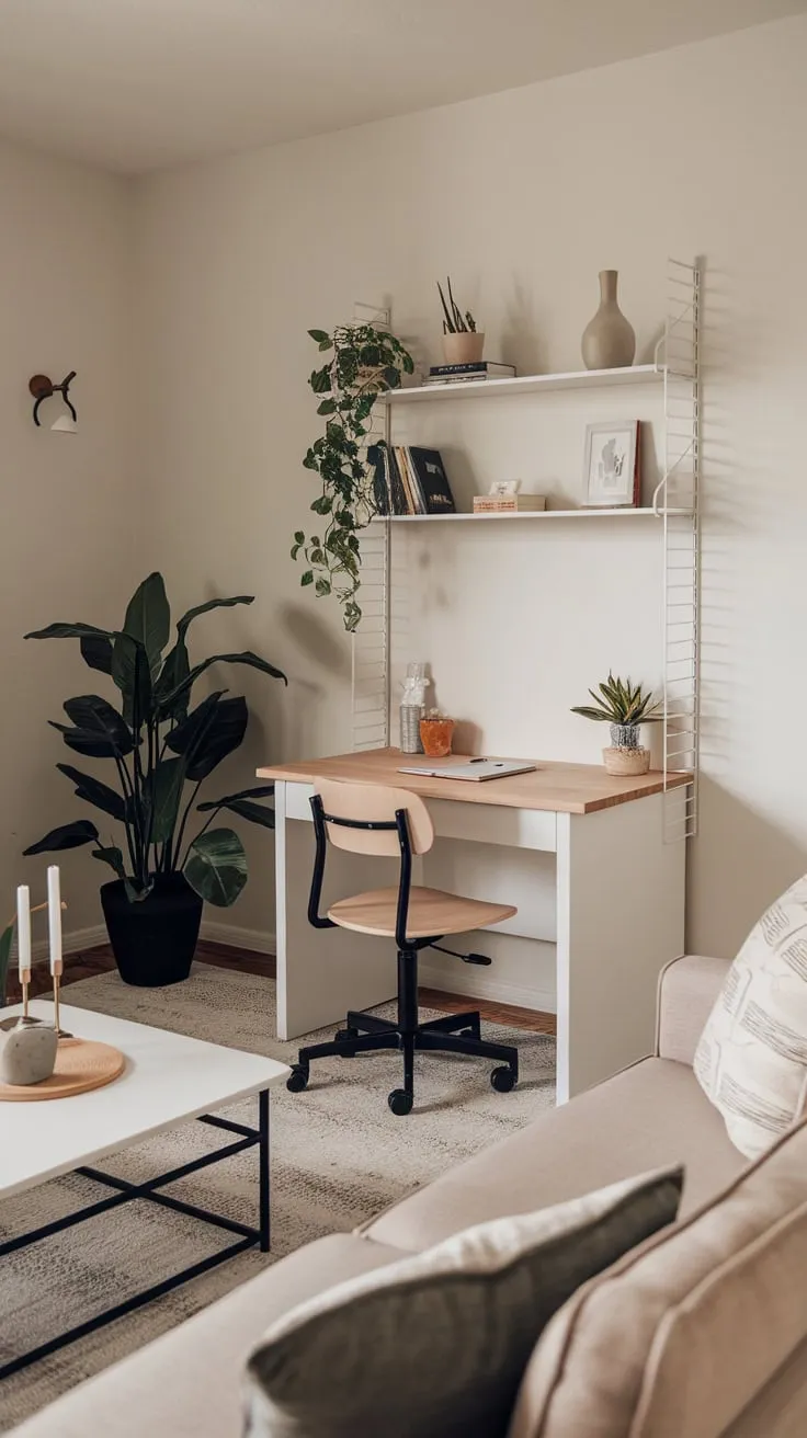 A calming beige living room features a functional yet stylish home office nook, showcasing a clean aesthetic.