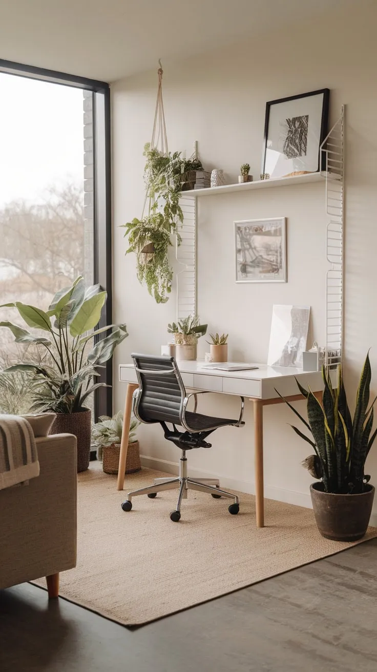 Natural light floods a calming home office nestled within a living room, featuring a white desk and understated greenery.