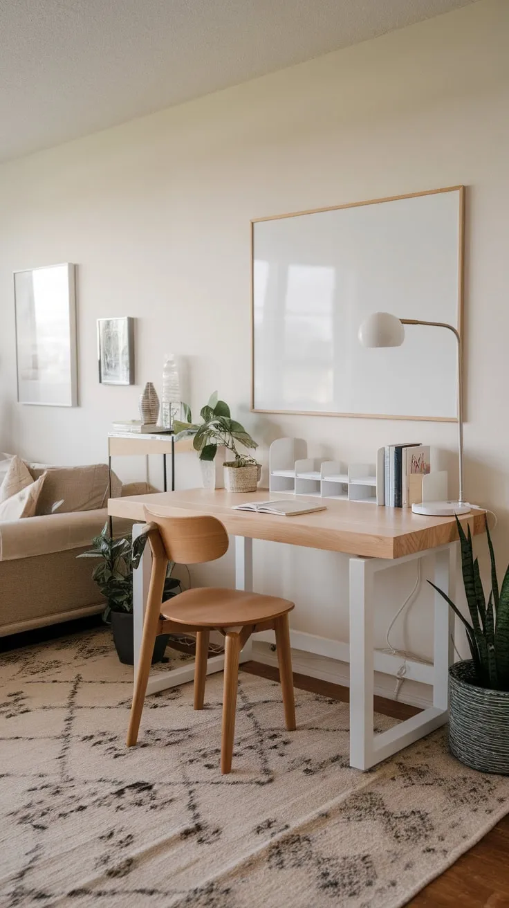 A minimalist aesthetic blends home office functionality with living room comfort in a space featuring a white desk, wooden chair, and calming décor.