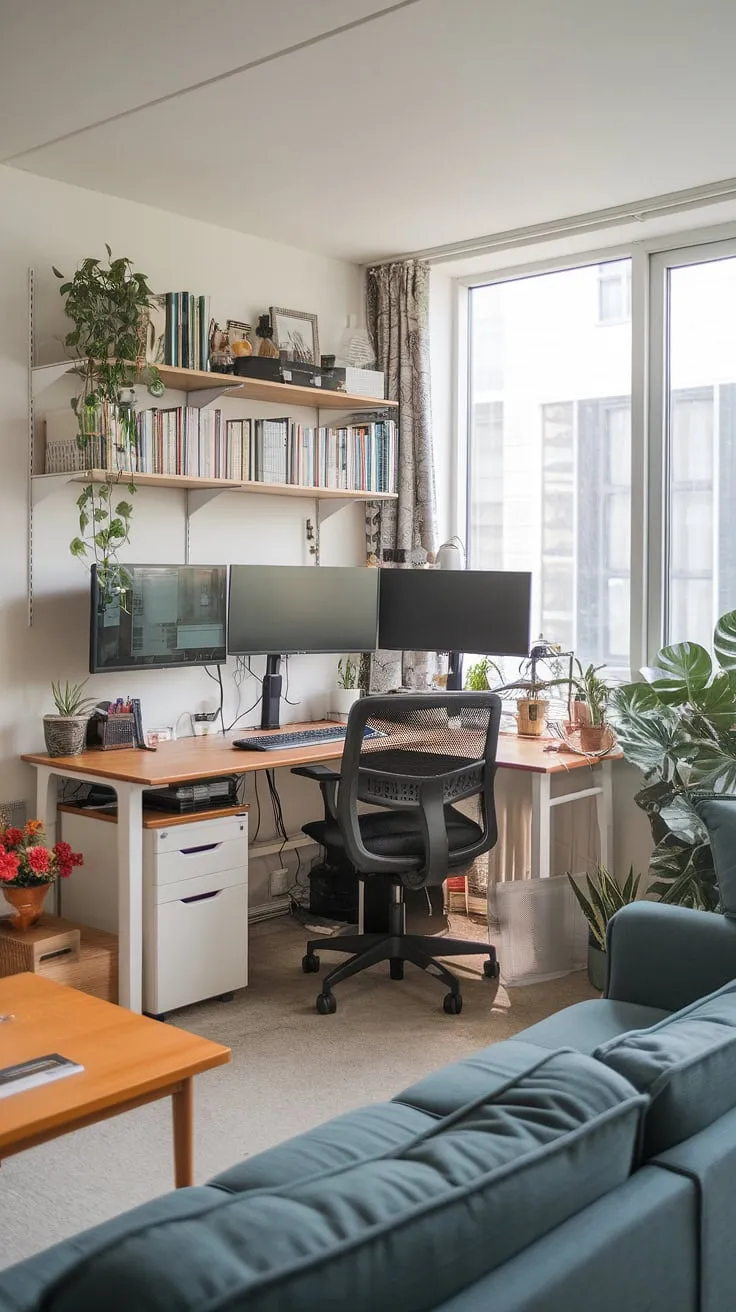 Maximize your productivity without sacrificing style! This compact home office living room proves that even a small space can be transformed into a functional and inspiring workspace.  Clever office ideas for small spaces like this dual monitor desk setup near a window, combined with thoughtful home office design, create the perfect blend of work and relaxation.  This setup offers practical bedroom office ideas, too, proving that creating office space in living room doesn't mean compromising comfort.  Forget the office in closet – this small office with window is a game-changer.