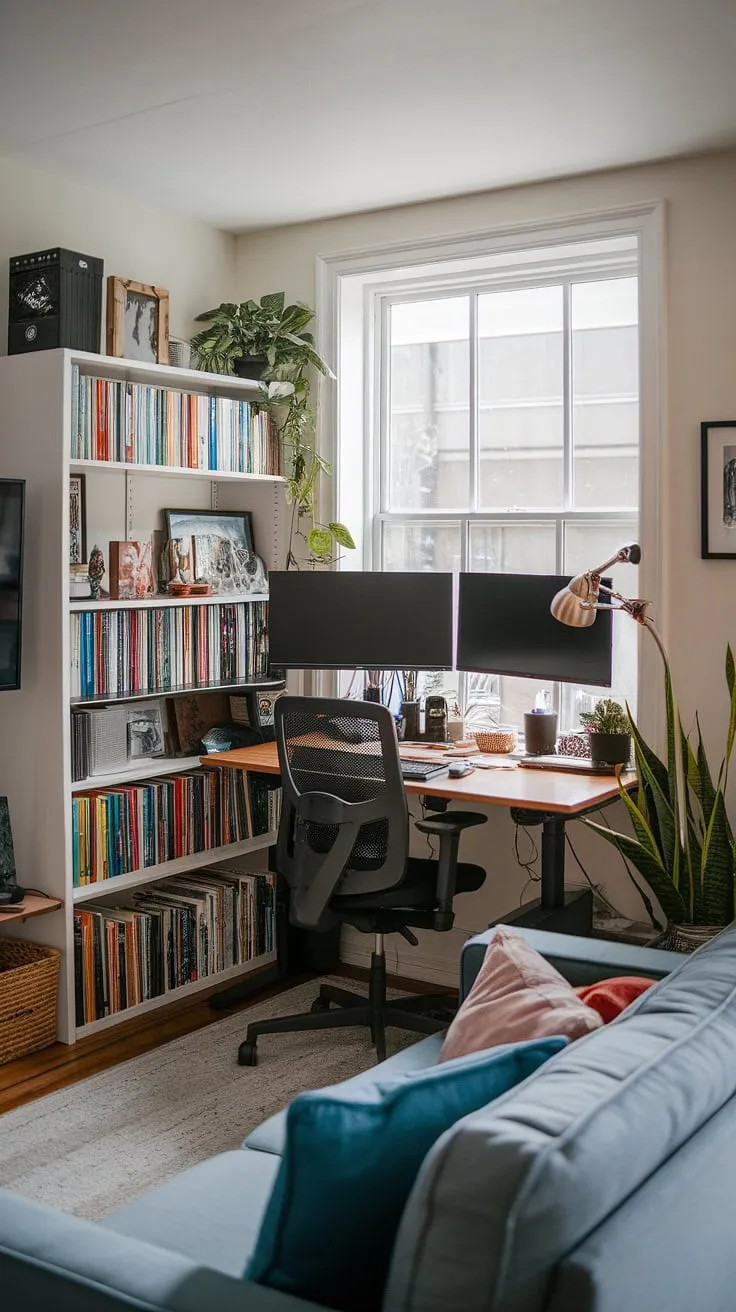 Transforming a corner of your living room into a productive haven? This compact home office, complete with a dual monitor desk setup and a small office with window, proves that office ideas for small spaces can be both stylish and functional.  Perfect for those seeking bedroom office ideas or creating office space in living room, this home office design balances work and relaxation seamlessly.  Even an office in a closet could offer less!