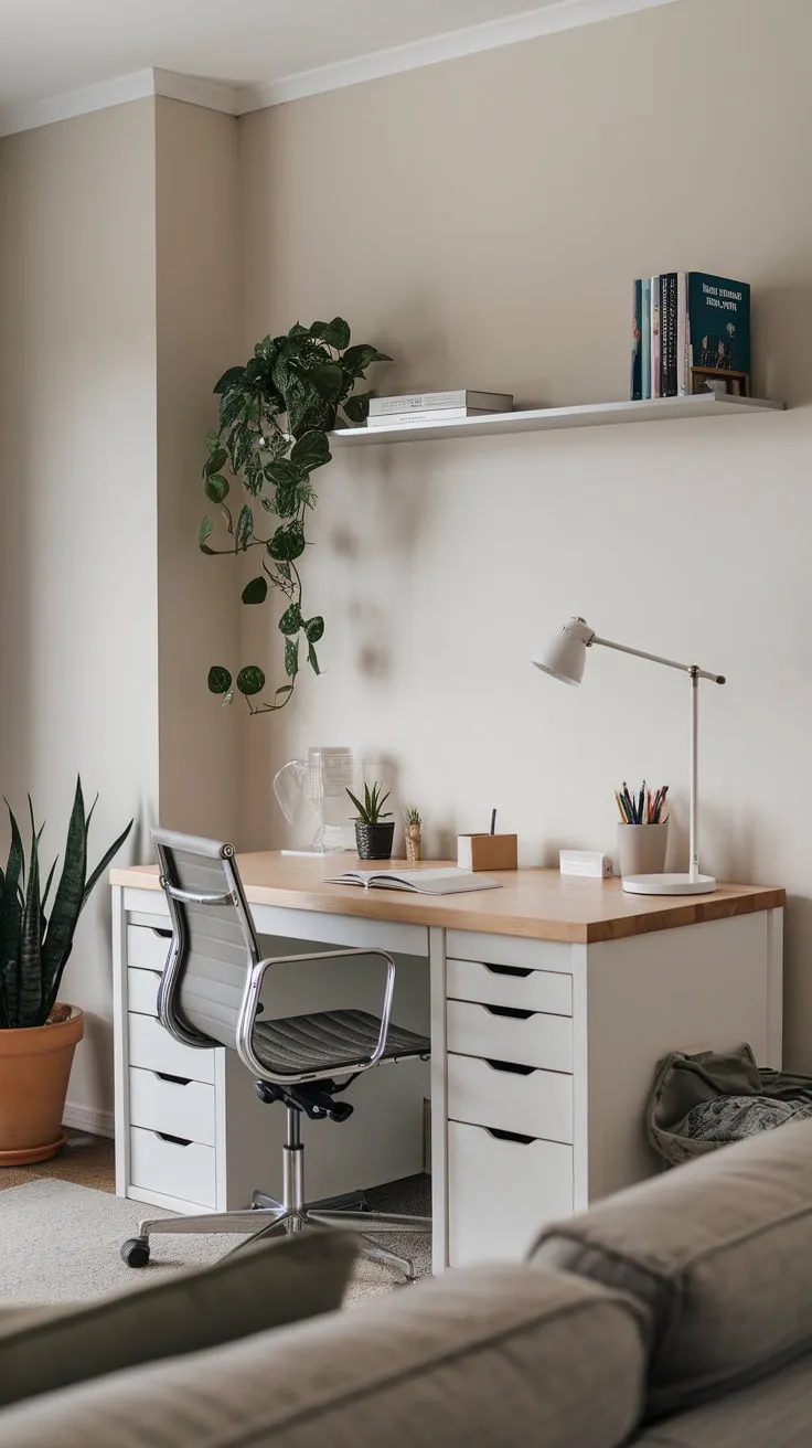 A serene home office blends effortlessly into a minimalist living room, defined by a neutral palette and simple furnishings.