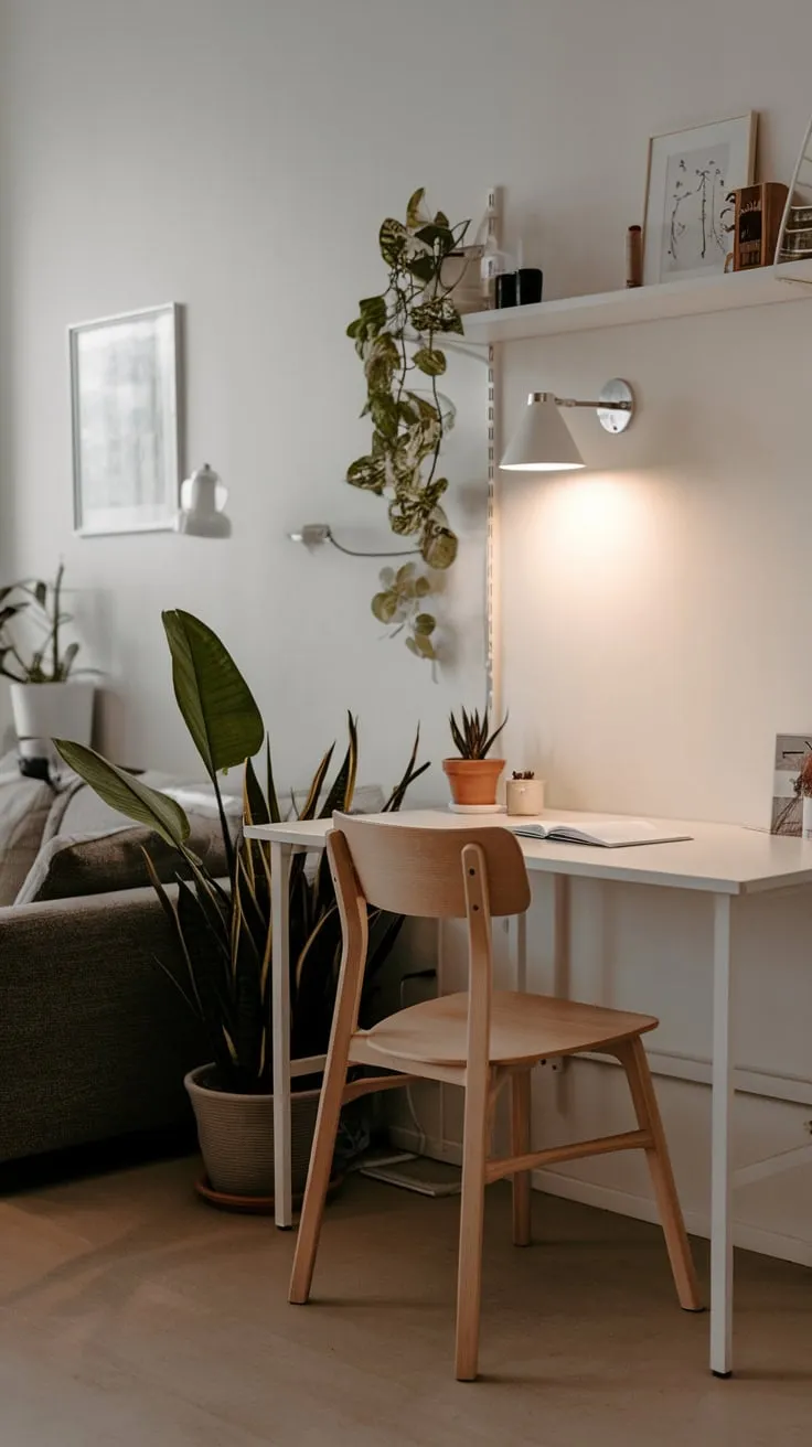 A serene living room incorporates a stylish white home office, accented by wood, plants, and soft lighting for a balanced aesthetic.