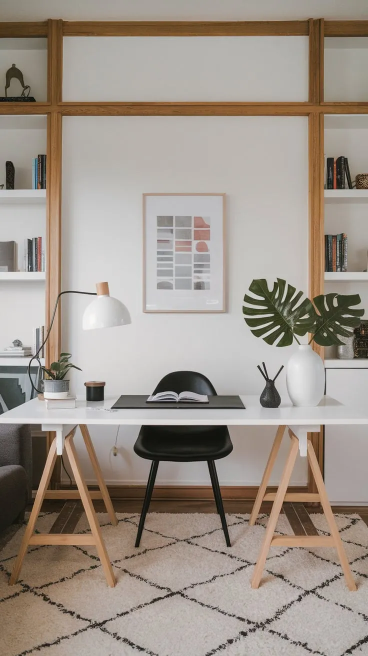 A white living room is elegantly transformed into a functional home office with a natural wood and white desk setup, accented by subtle black and green details.
