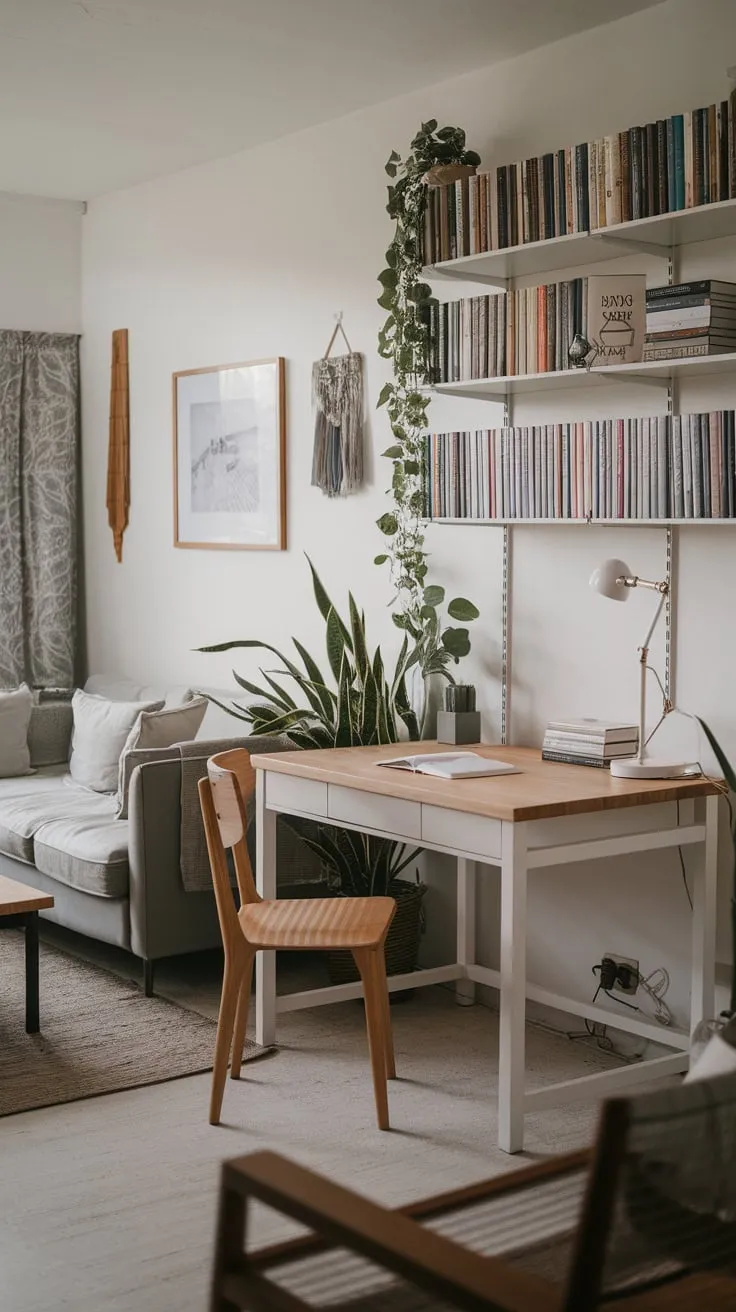 A serene living room boasts a subtly incorporated home office, its white desk and natural wood elements complementing the room's minimalist design and cozy atmosphere.