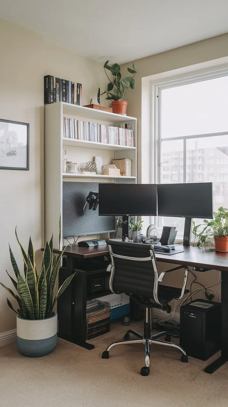 Transform a corner of your living room into a haven of productivity with this inspiring small office with window.  This compact home office features a dual monitor desk setup, ideal for those seeking office ideas for small spaces.  The clever use of space, incorporating a bookshelf and a touch of greenery, makes this small space home office feel surprisingly spacious.  Whether you're looking for bedroom office ideas or creating office space in living room, this home office design offers a wealth of inspiration.  A perfect example of a compact home office, it proves that even an office in a closet isn't necessary to achieve a functional and stylish workspace.