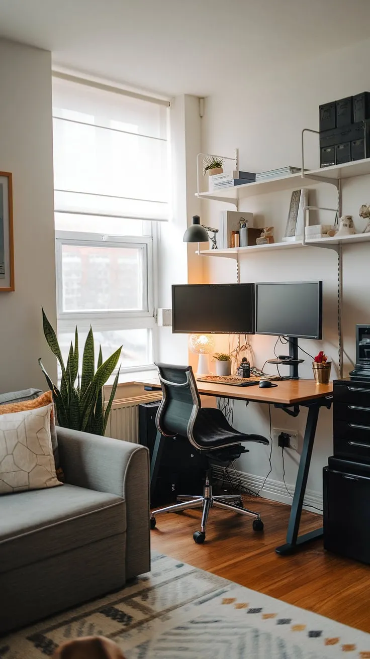 Maximize productivity and style in your living room with this compact home office setup.  The dual monitor desk setup, nestled by the window, offers ample workspace despite its small footprint.  Perfect for those seeking office ideas for small spaces, this design proves that even a corner can become a functional and inspiring home office, borrowing ideas from bedroom office ideas and even office in closet solutions. This small office with window is a testament to smart home office design.