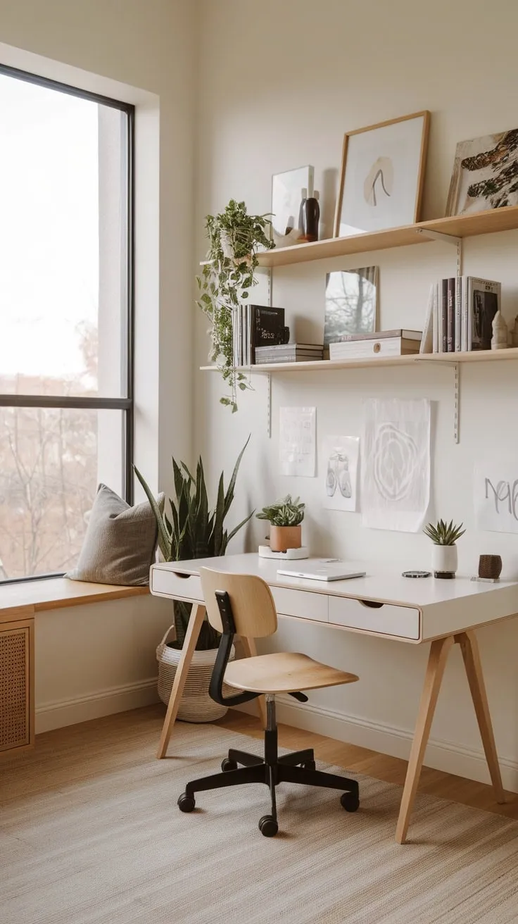 Natural light floods a stylish living room home office featuring a minimalist white desk, wood accents, and thoughtfully curated shelving creating a productive yet calming workspace.