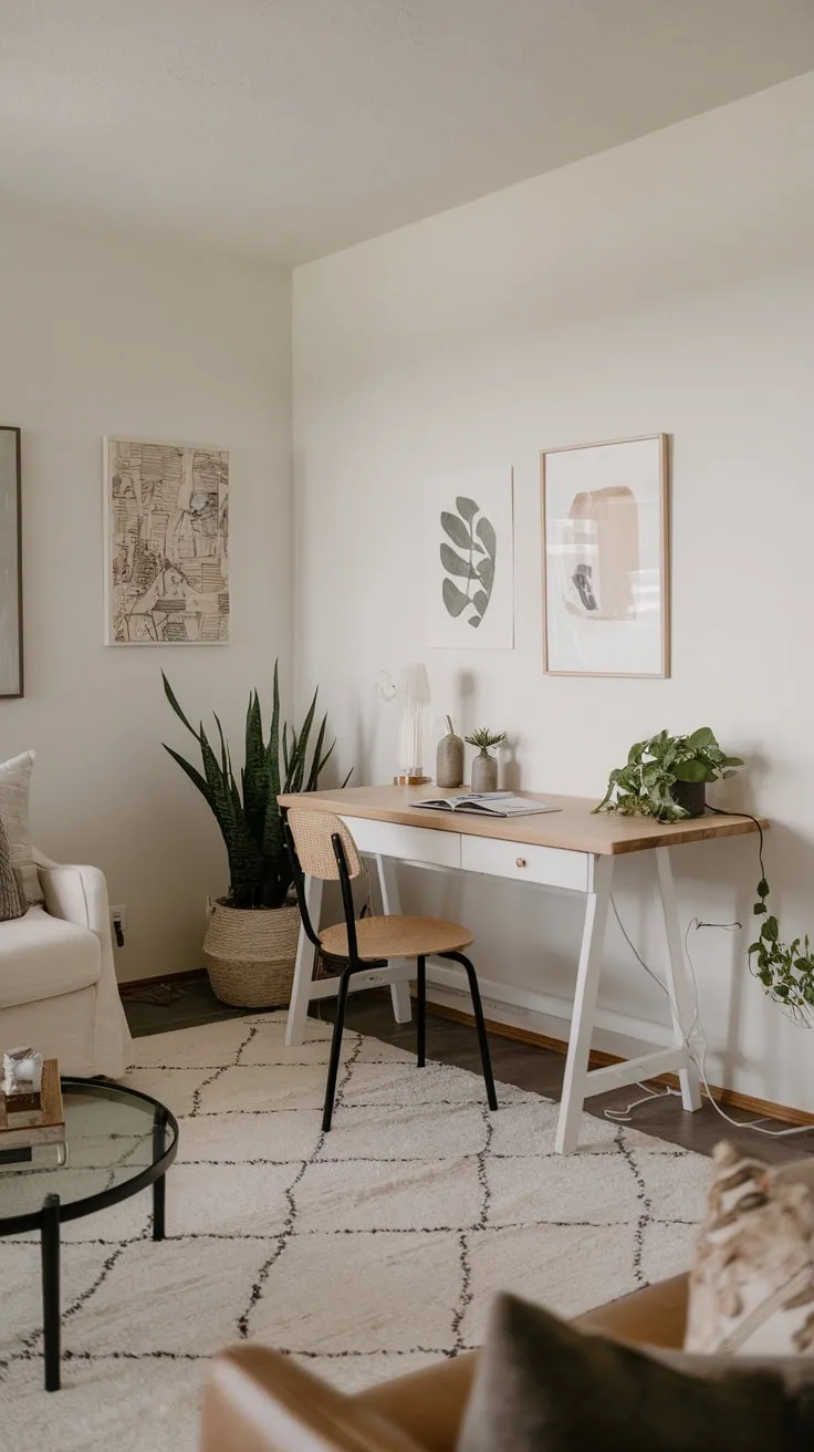 A stylish white rug anchors a serene living room workspace featuring a natural wood desk and tasteful artwork.