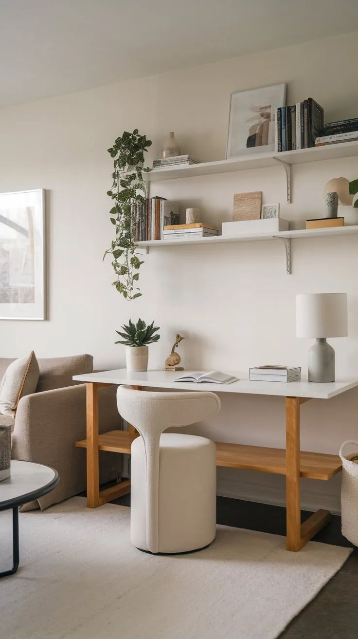 A bright white desk and chair anchor a calm home office nestled within a minimalist living room, complemented by natural wood and carefully curated décor.