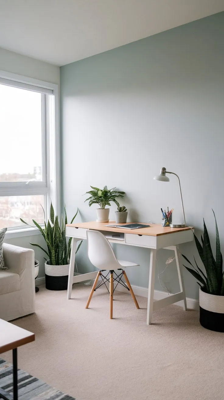 A bright, airy living room features a stylish home office nook with a natural wood desk, bathed in sunlight from a nearby window.