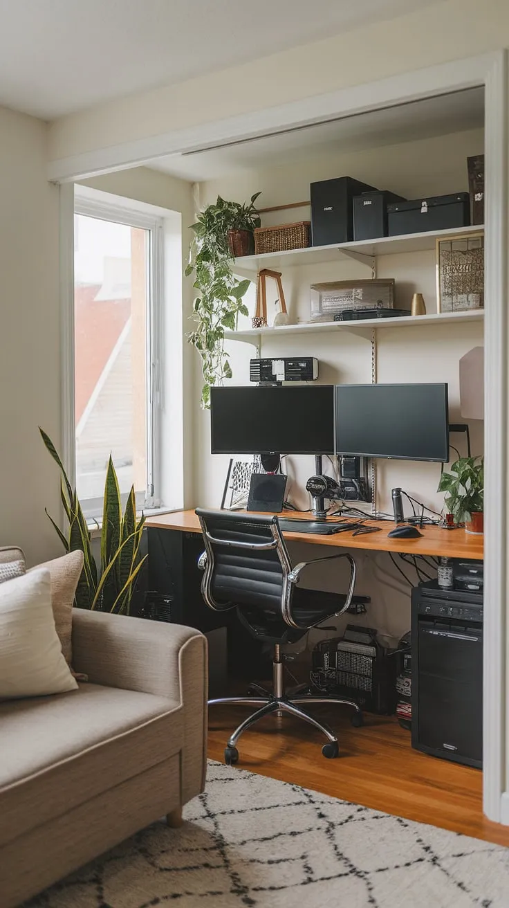 Transforming a closet into a functional and stylish home office?  This small space home office demonstrates that it's entirely possible!  With a dual monitor desk setup and a touch of greenery, this office in closet offers the perfect blend of functionality and aesthetics.  Ideal office ideas for small spaces, this design proves that creating office space in a living room doesn't require compromising on comfort or style.  A perfect example of compact home office solutions.
