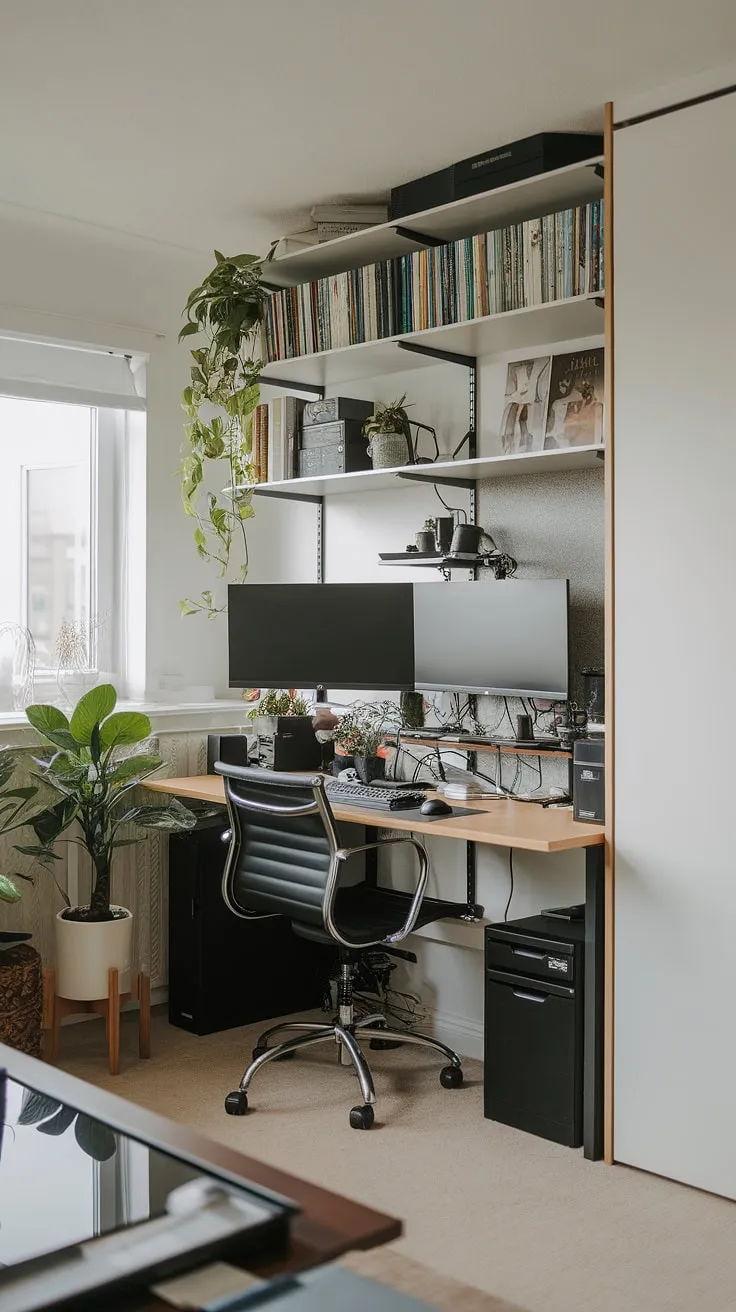 Transform a corner of your living room into a productive haven with this small space home office.  This home office design expertly utilizes a dual monitor desk setup, a bookshelf, and plants to create a functional and inviting workspace.  Perfect for those seeking office ideas for small spaces, this setup demonstrates how even a small office with window can be both efficient and aesthetically pleasing.  Consider this inspiration for your bedroom office ideas or if you're creating office space in living room.
