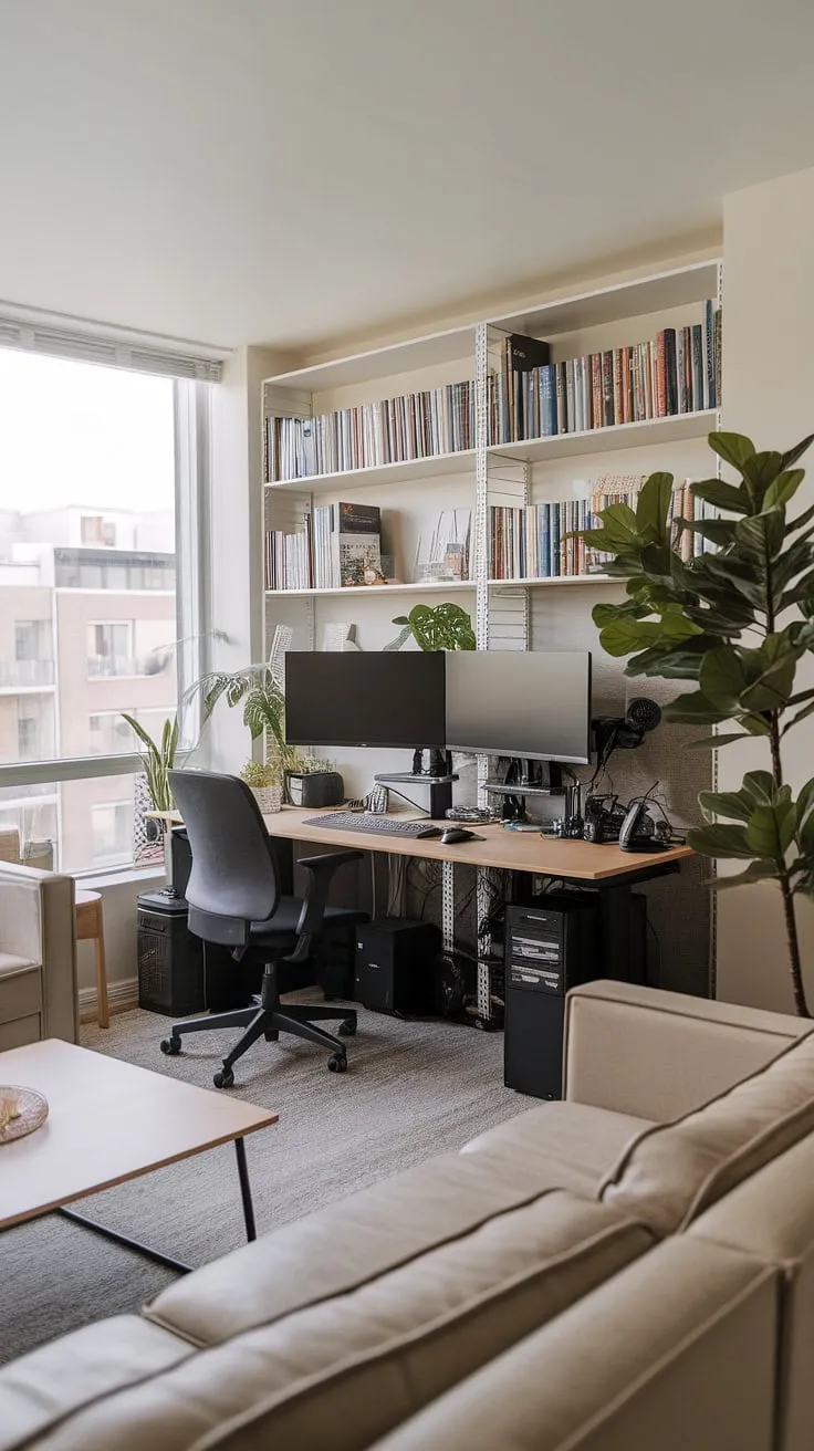 Maximize productivity and style in your compact home office! This small space home office, nestled near a window in the living room, proves that even a dual monitor desk setup can thrive in limited square footage.  Office ideas for small spaces don't have to compromise on functionality or aesthetics; this home office design, perfect for bedroom office ideas too, showcases how creating office space in living room can be both efficient and inviting.  Forget the office in closet – this setup is a testament to clever home office living room solutions.