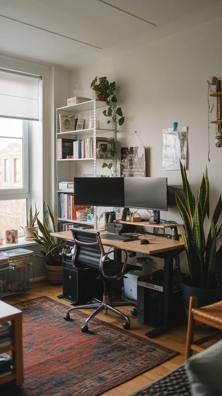 Transforming a corner of your living room into a productive haven? This small office with window and dual monitor desk setup is the perfect example of smart home office design.  Office ideas for small spaces often require creativity, and this compact home office shows how to seamlessly blend work and living areas.  Whether you're looking for bedroom office ideas or simply creating office space in living room, this small space home office offers inspiration and practicality.
