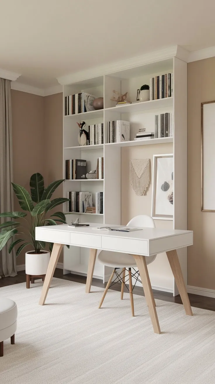 A minimalist white home office seamlessly blends into a beige living room with natural wood accents and a calming plant.