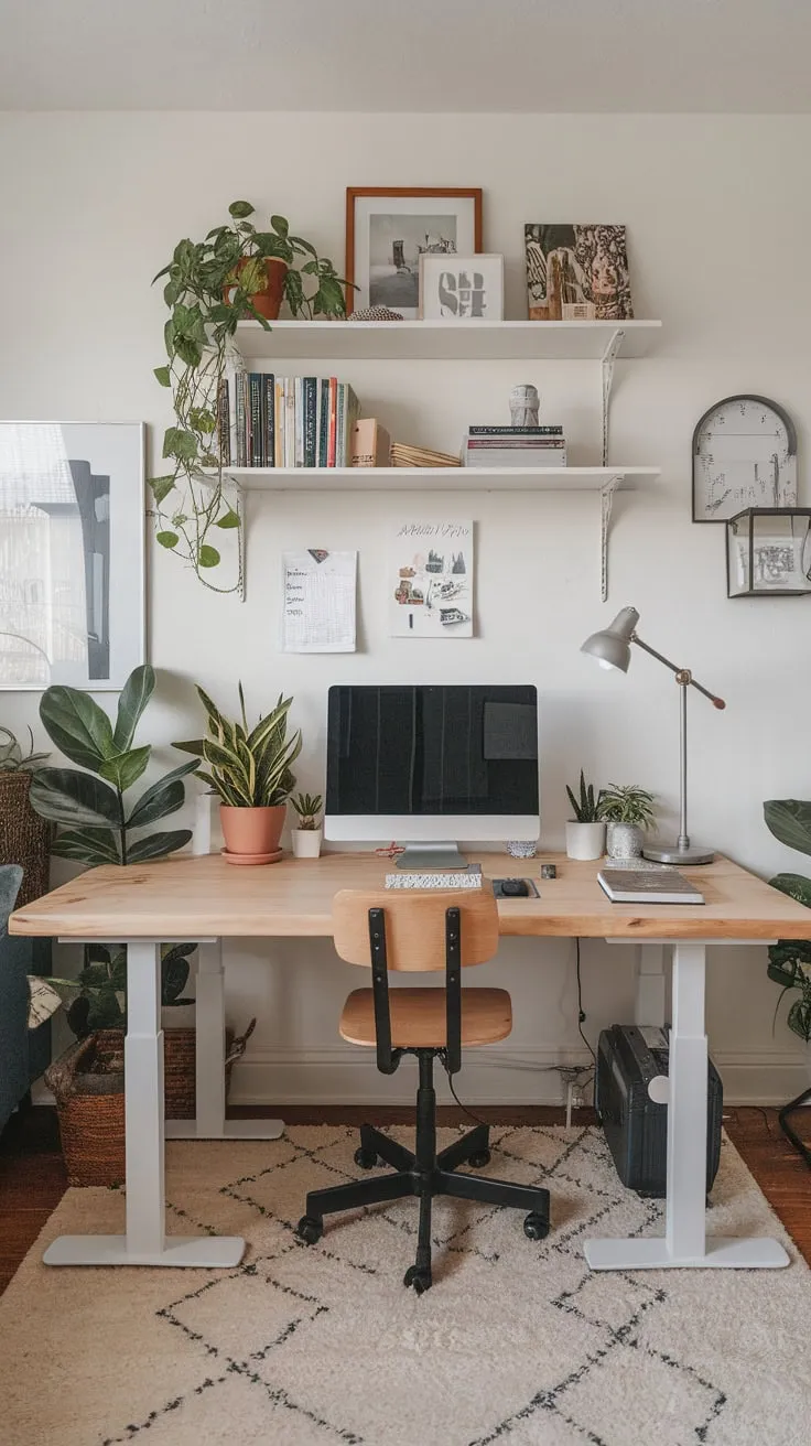 A serene home office seamlessly blends into a living room, featuring a minimalist white desk, comfortable seating, and verdant plants amidst books and decor