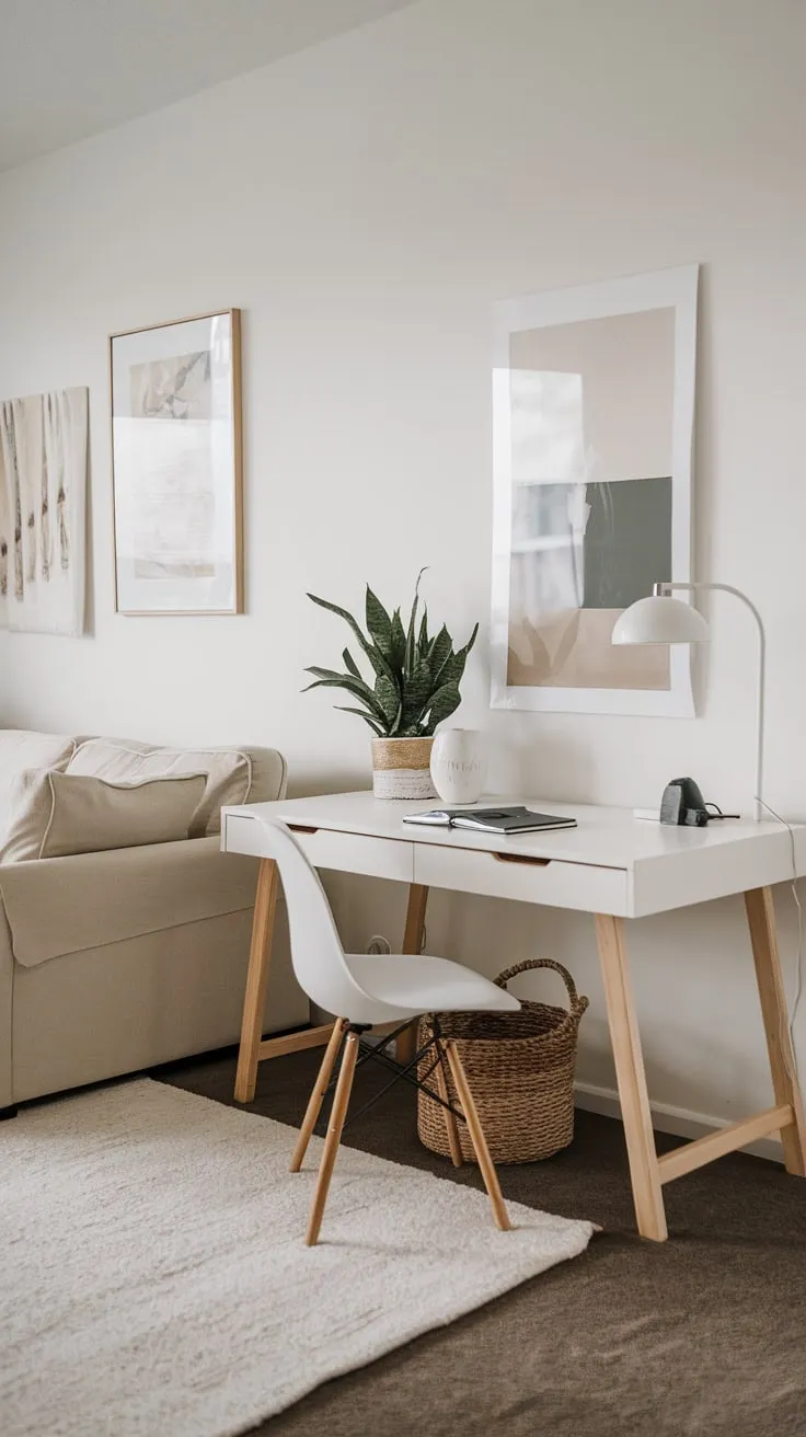 A minimalist living room seamlessly integrates a white home office featuring a natural wood desk, artwork, and comfortable seating.