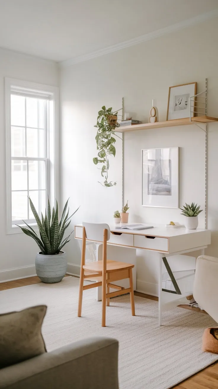 A minimalist home office seamlessly blends into the living room, featuring a bright white desk and natural wood accents, creating a calm and productive workspace.