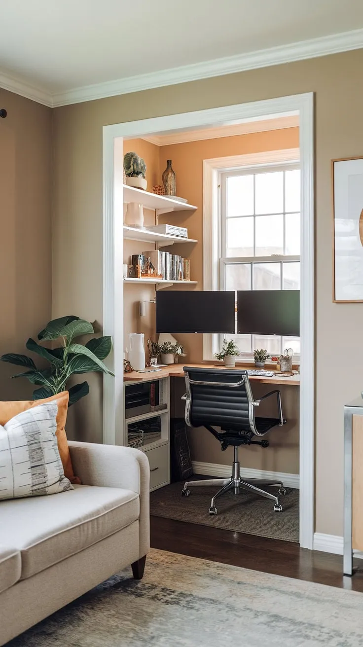 Maximize your productivity without sacrificing style! This compact home office, cleverly tucked away in a closet, proves that even small spaces can accommodate a dual monitor desk setup.  Perfect office ideas for small spaces, this design offers a surprising amount of functionality and natural light thanks to the small office with window.  Ideal for bedroom office ideas or creating office space in living room, this home office design showcases how to seamlessly integrate a workspace into your living area.