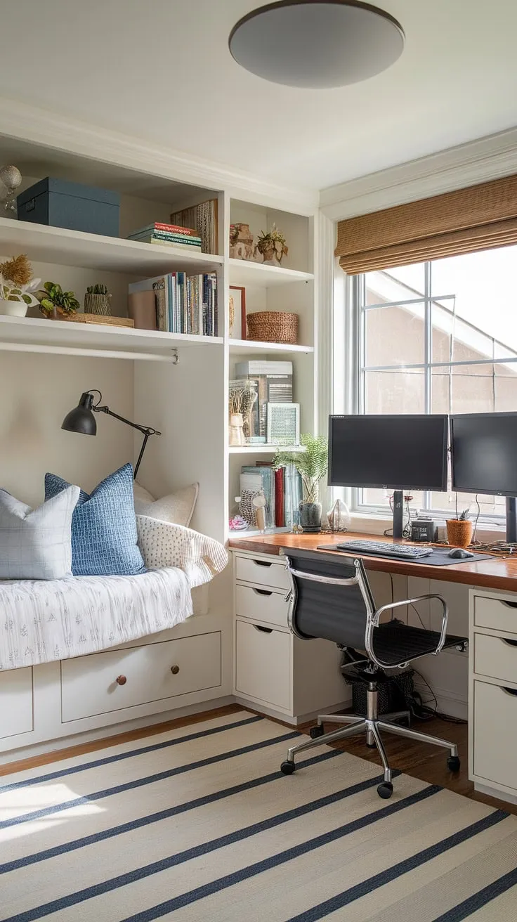 Transforming a closet into a functional and inspiring workspace? This office in closet showcases brilliant home office design, proving that office ideas for small spaces can be both stylish and efficient.  A dual monitor desk setup maximizes productivity, while the small office with window provides natural light.  This compact home office is the perfect solution for creating office space in living room, offering ideal bedroom office ideas for those with limited space.  The result? A home office living room that's both productive and aesthetically pleasing.